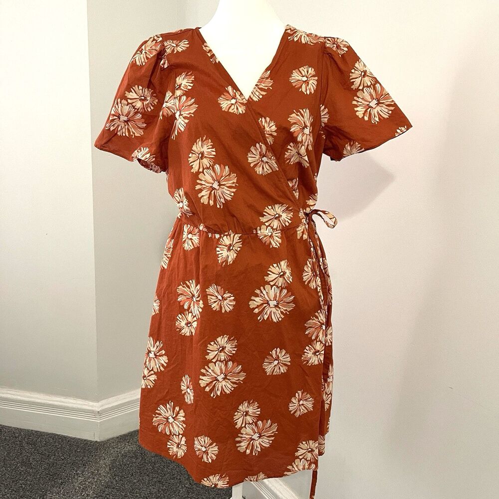 Madewell Wrap Dress Womens Large Rust Orange Floral Short Sleeve Cotton Mini